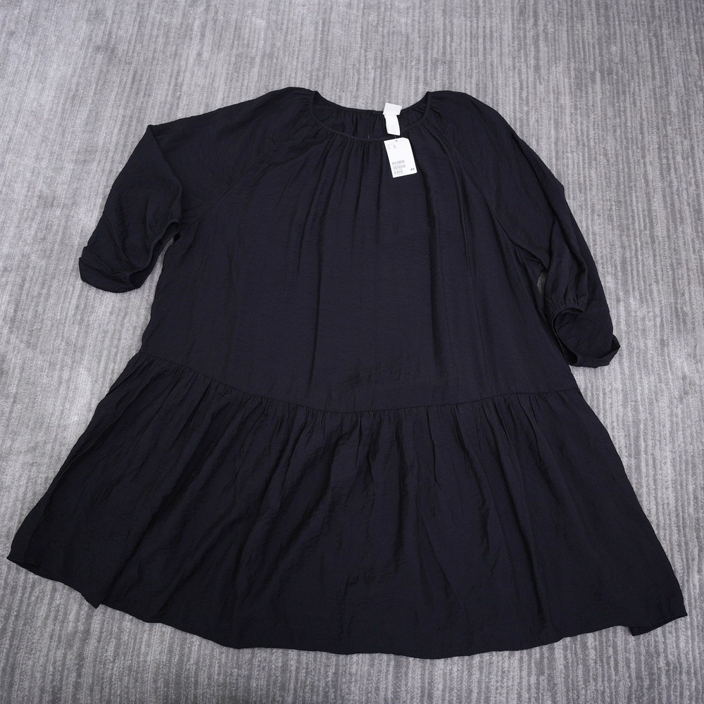 HM Black Tiered Mini Dress Womens XL Long Sleeve Crinkle Babydoll NWT 0915453